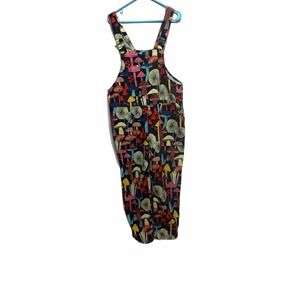 L.A. Soul Overalls Womens Large Black Corduroy Mushroom Print Bib Pockets Floral